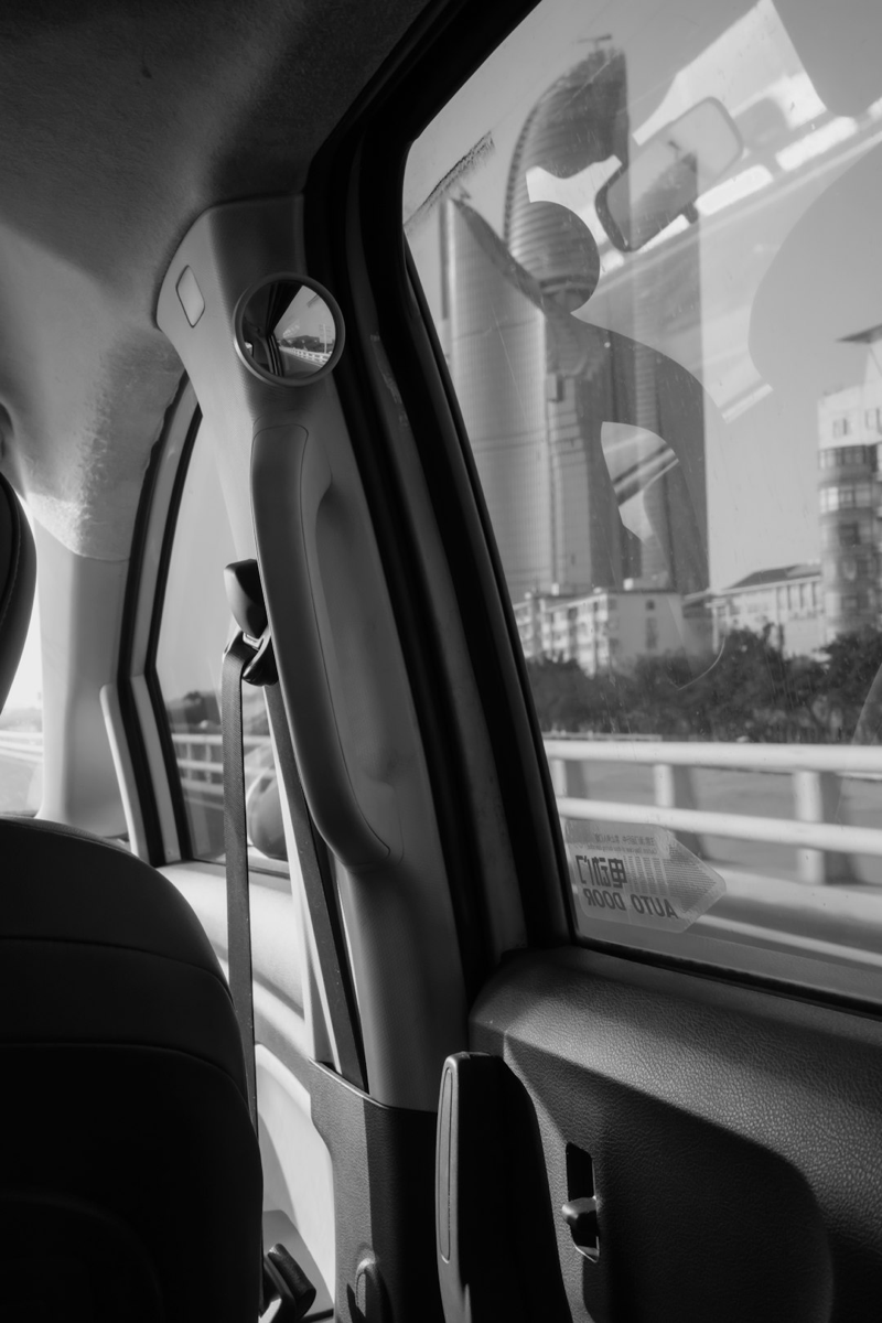 View of the Los Angeles skyline from a car window