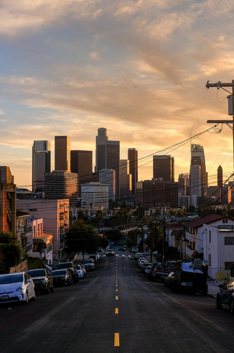 Los Angeles residential street looking toward the downtown skyline
