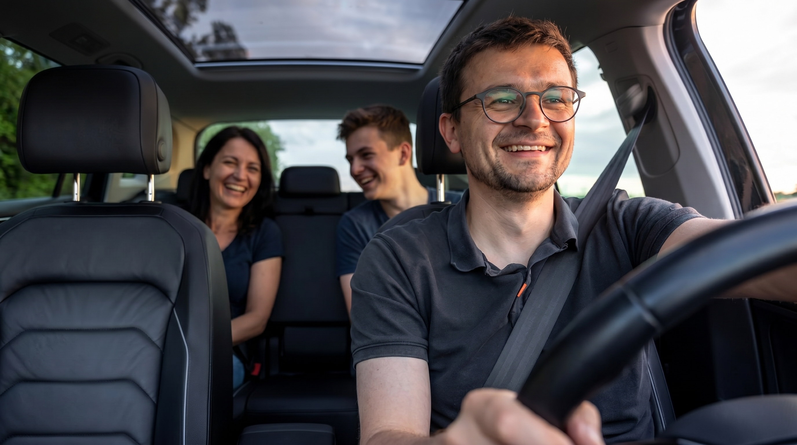 Smiling Prime Time Rideshare driver with passengers