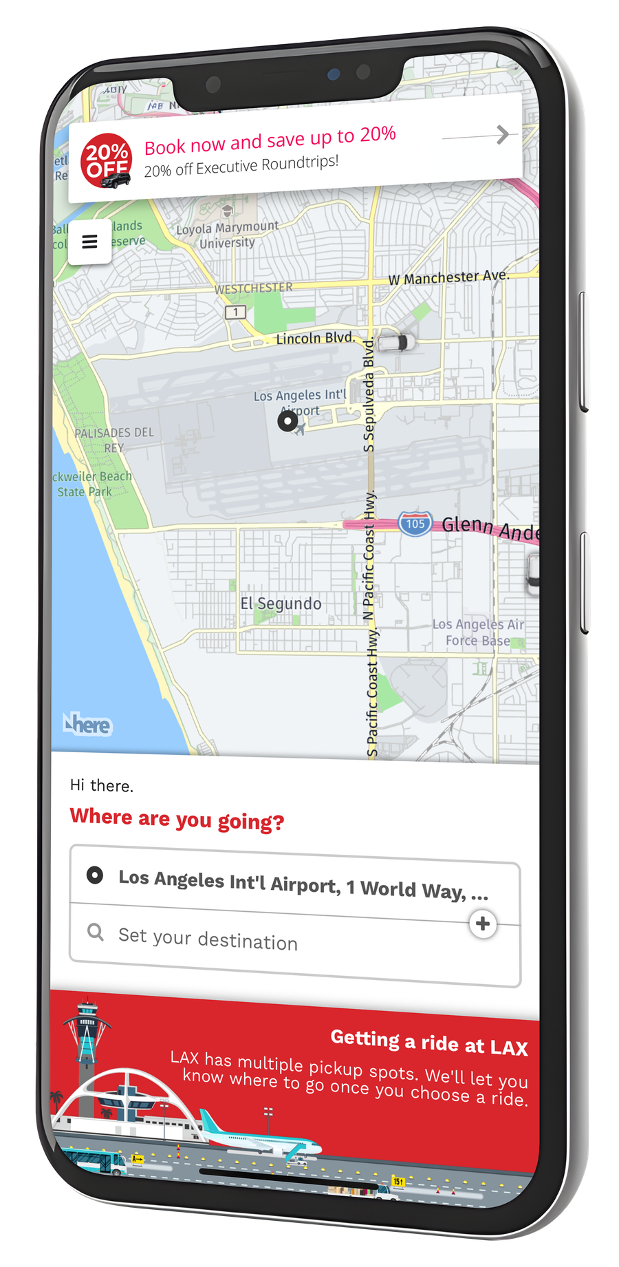 The Prime Time Rideshare app showing a Los Angeles pickup map