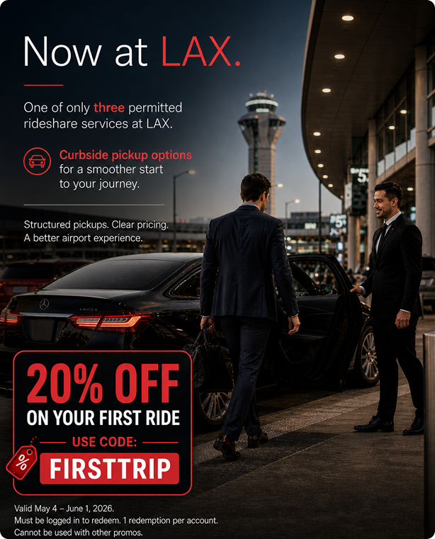 Now at LAX &mdash; one of only three permitted rideshare services. 20% off your first ride with code FIRSTTRIP